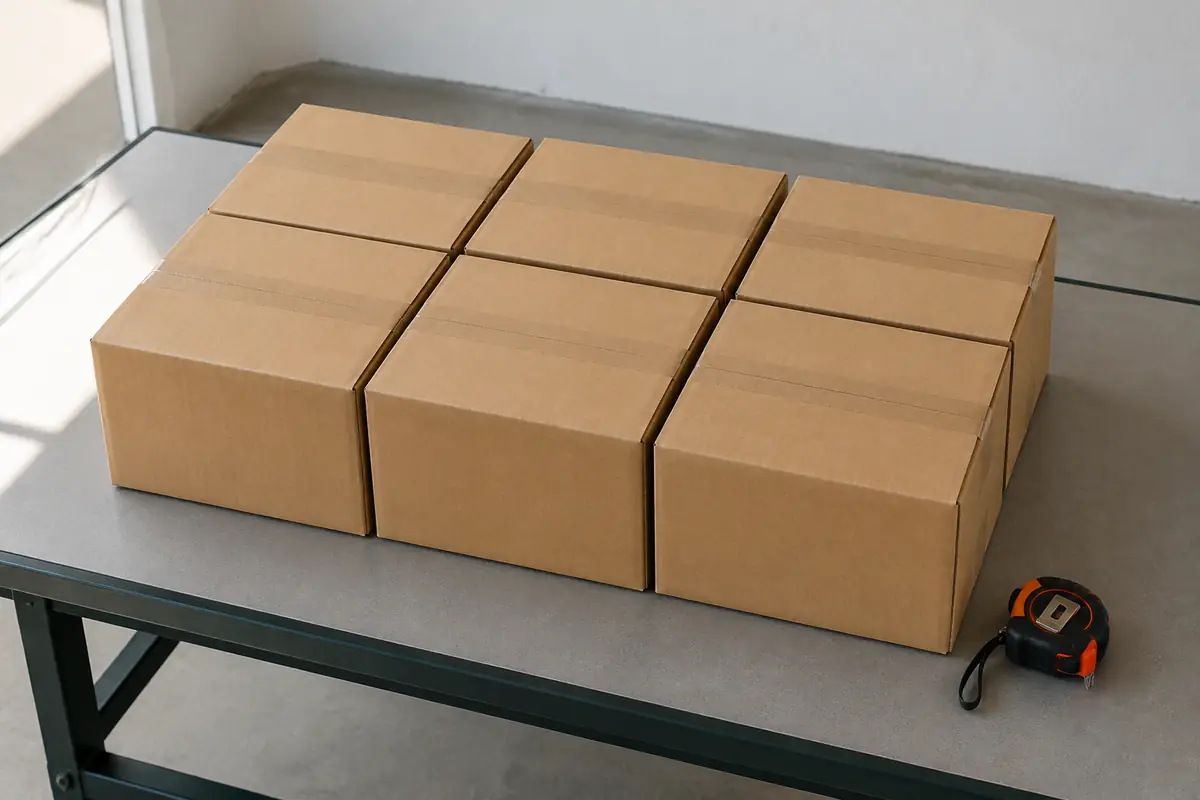 Enam karton serupa disusun sebagai kumpulan saiz berulang